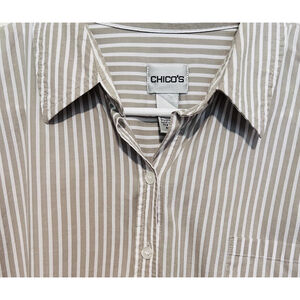 Chico’s Button Up Tunic Shirt Women’s Small 0 Khaki White Stripe Crisp Classic